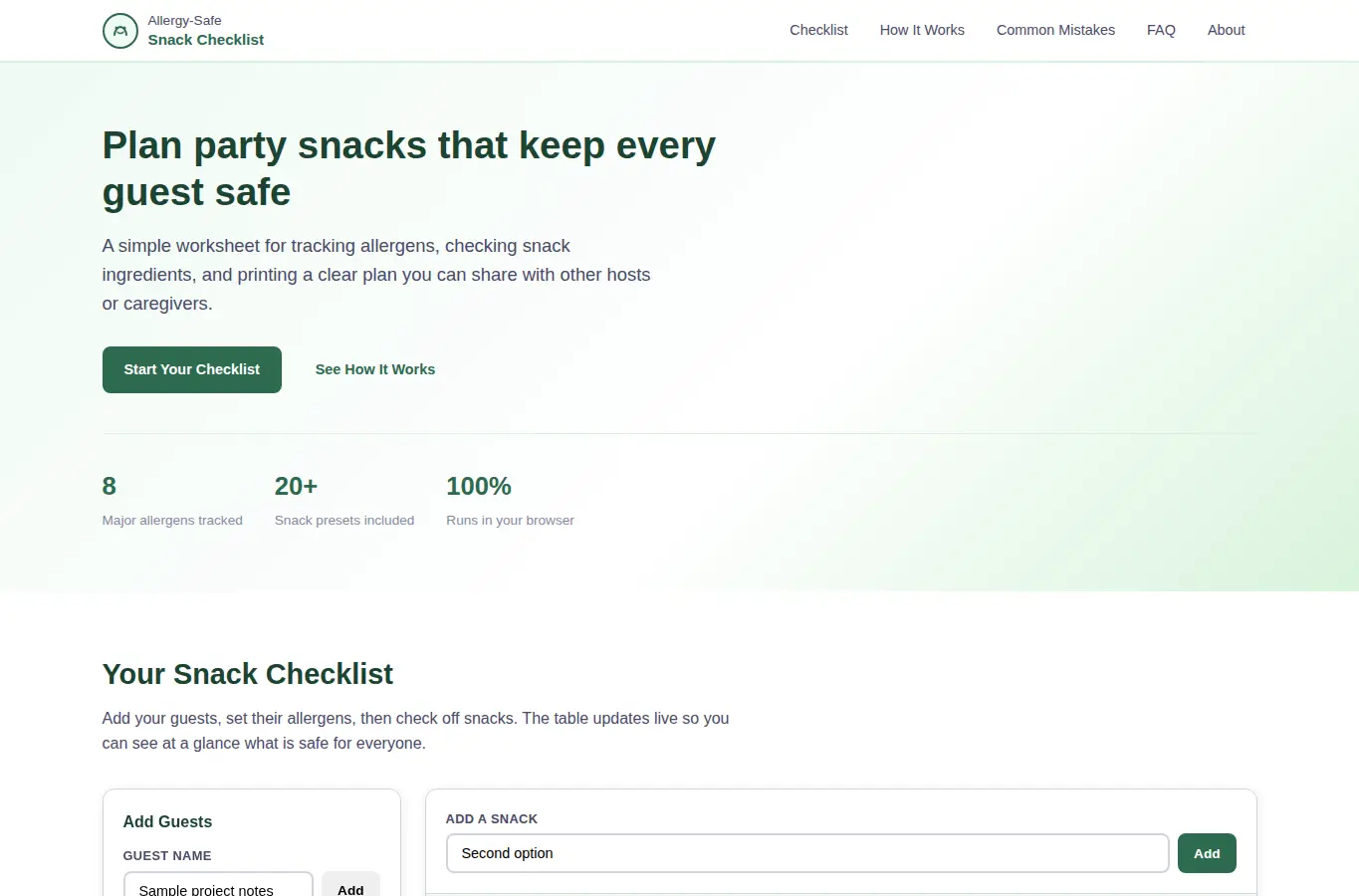 Screenshot of Allergy Safe Party Snack Checklist interface showing the project page in use
